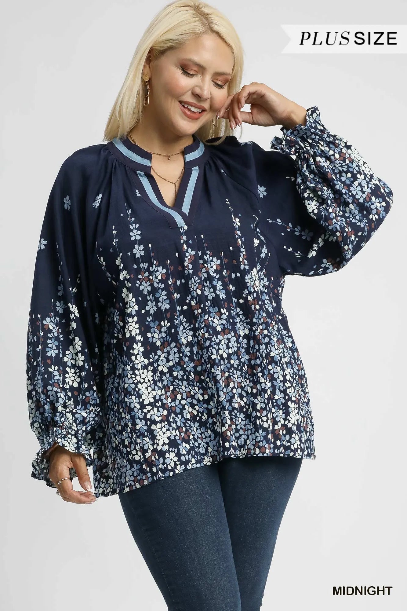 Umgee Full Size Floral Vine Print Blouse with Balloon Sleeves Plus Size - Fashorio
