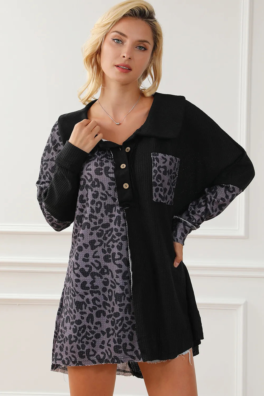 Half Button Leopard Collared Neck Blouse - Fashorio