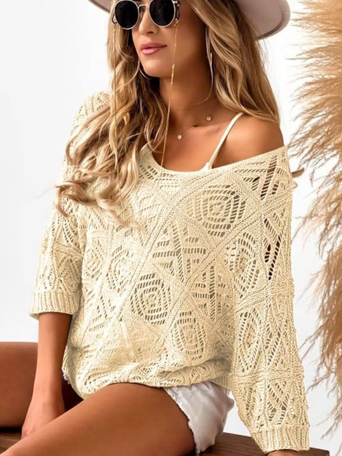 openwork 3/4 sleeve knit cover up front view