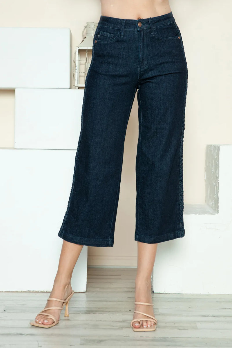 Dark wash crop wide leg jeans front view
