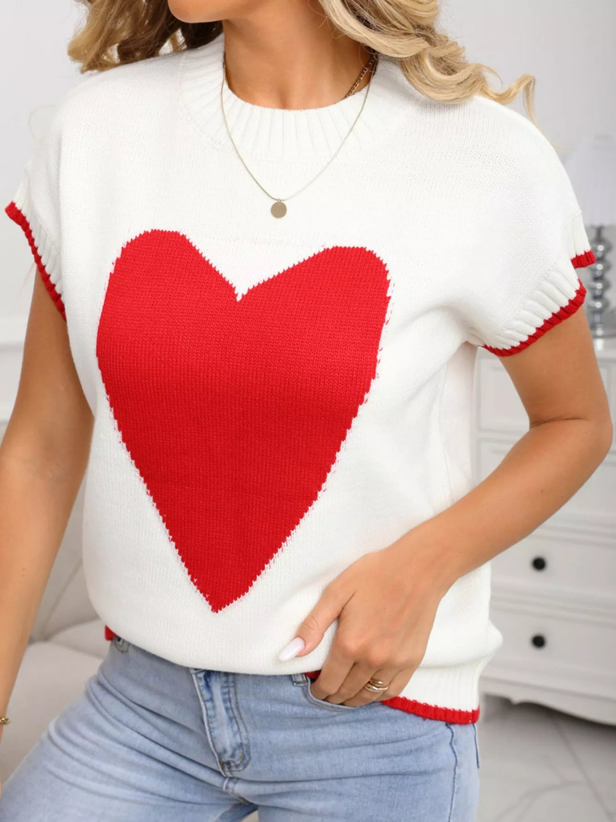 Heart graphic short sleeve sweater in white front view