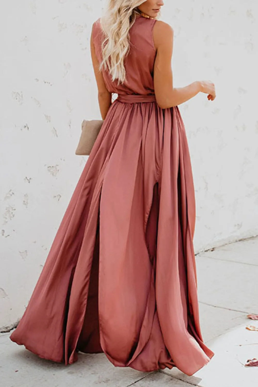 Surplice tie waist maxi dress movement shot
