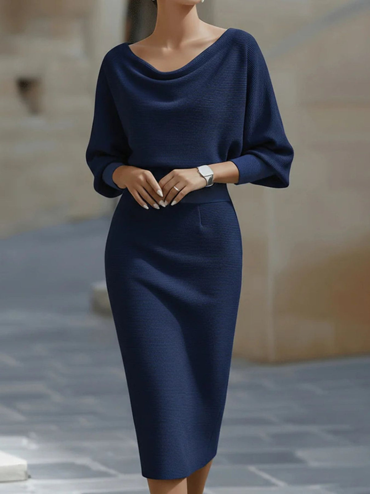 Cowl neck knit bodycon dress back view