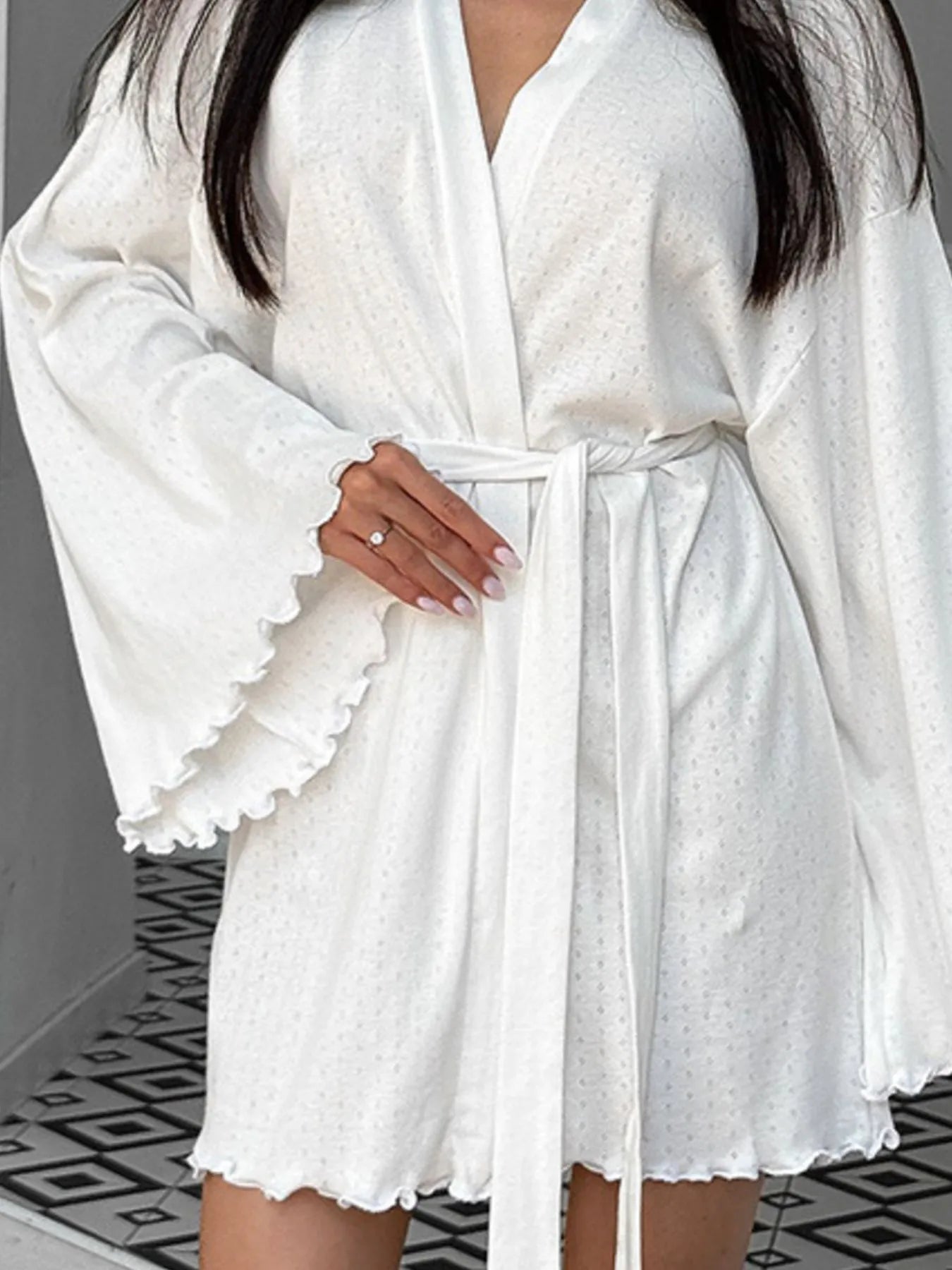 Tie Waist Kimono Sleeve Lounge Nightgown White - Fashorio
