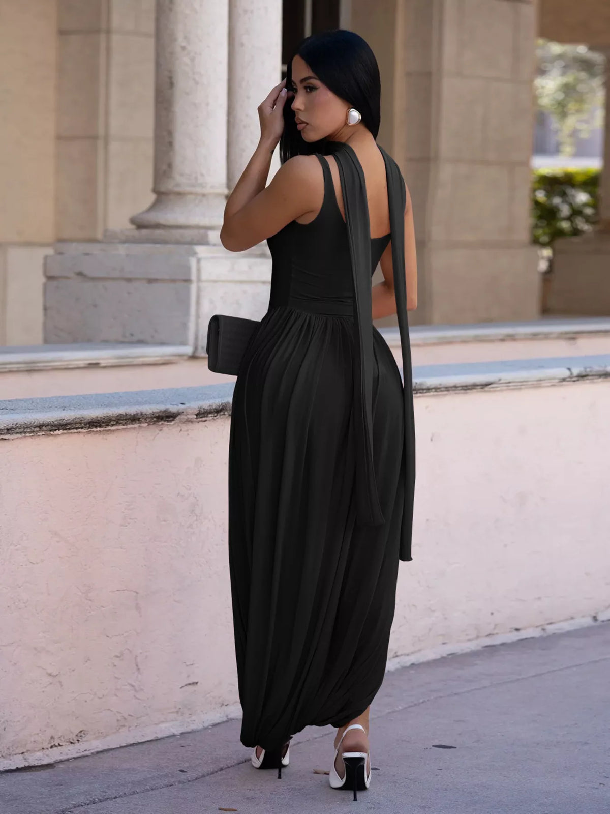 scoop neck slit maxi dress three quarter view