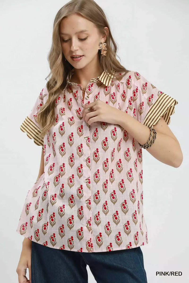 Pink and red block floral cotton shirt front view