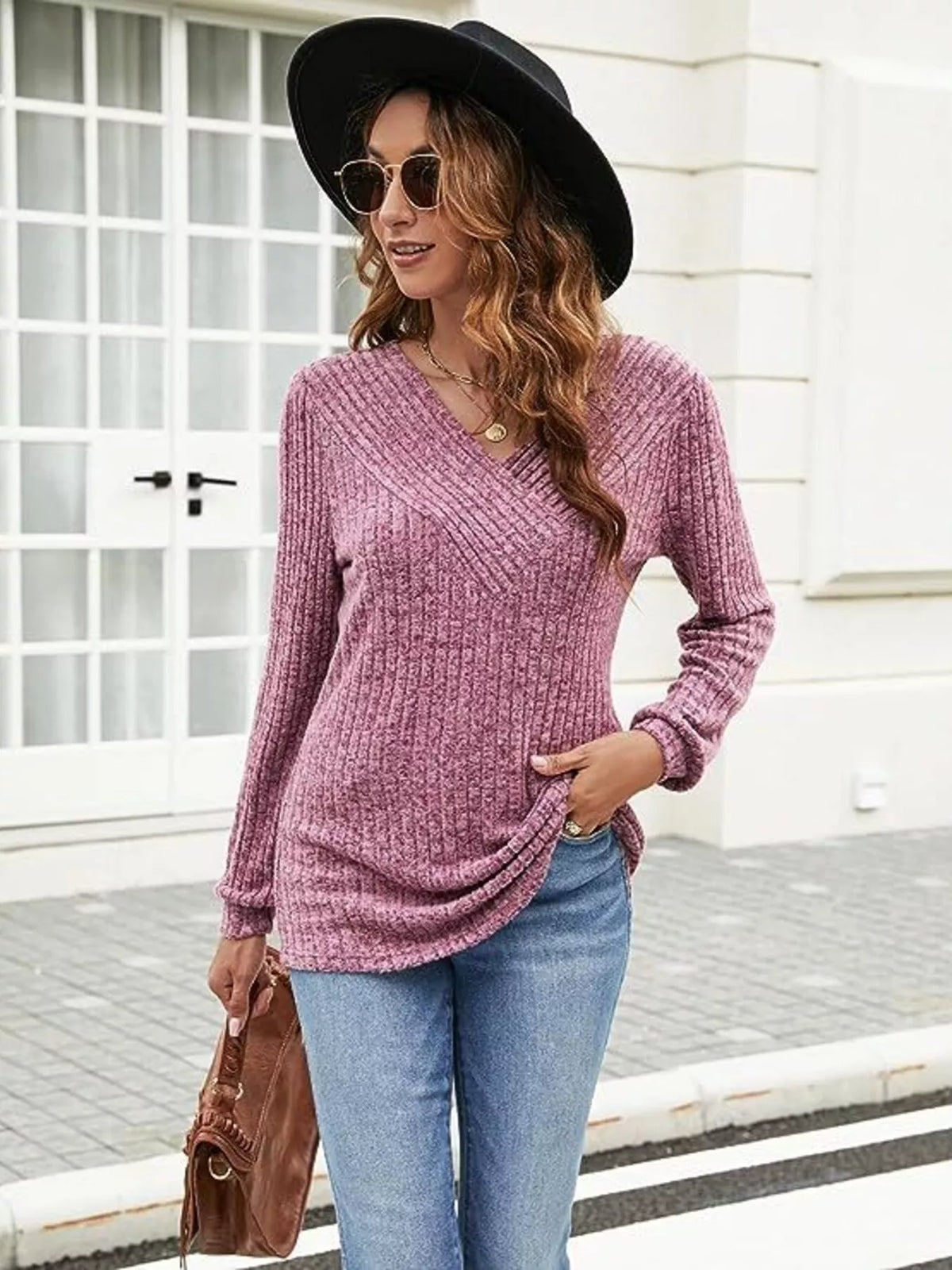 V neck ribbed long sleeve knit top sleeve detail view
