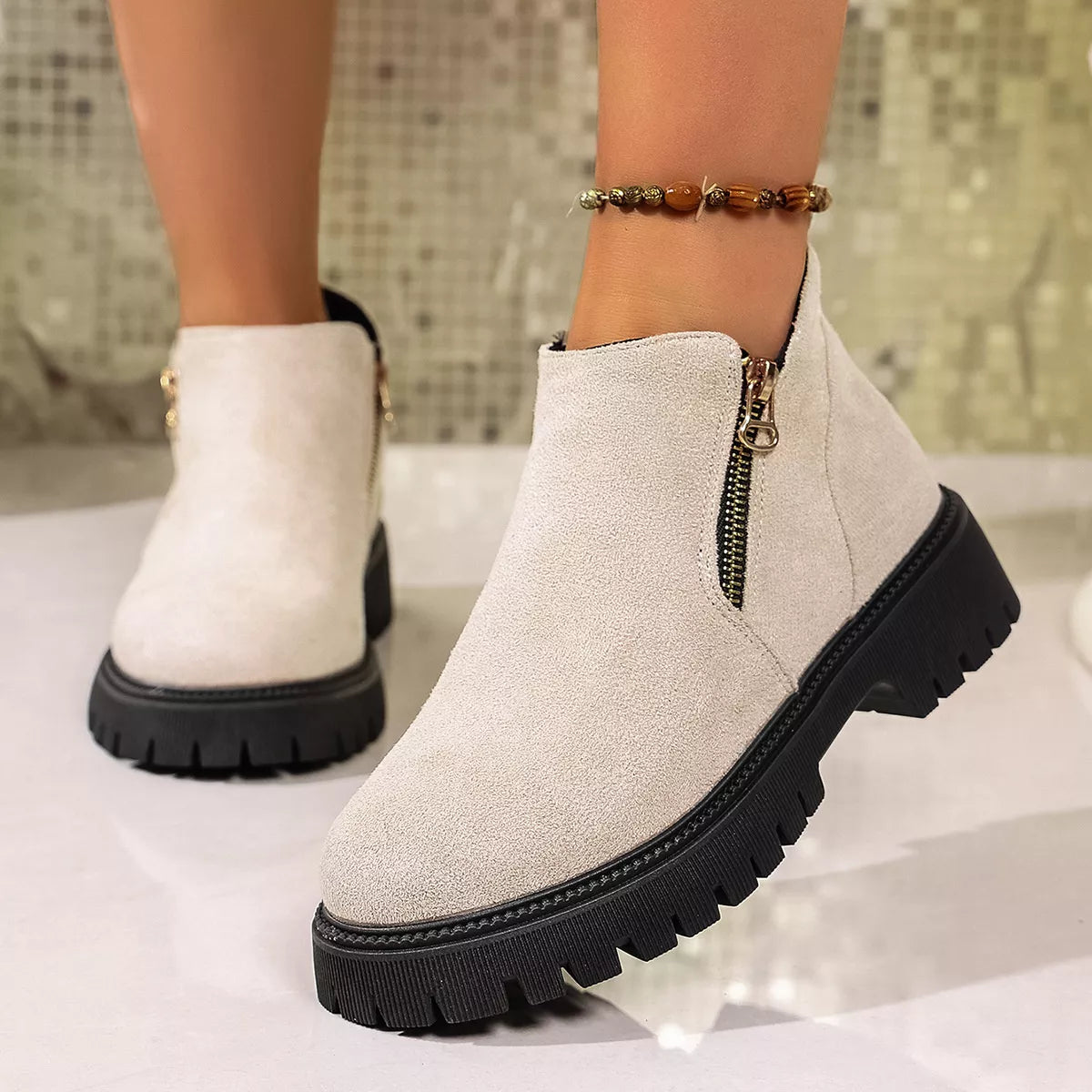 Round toe side zip ankle boots front view
