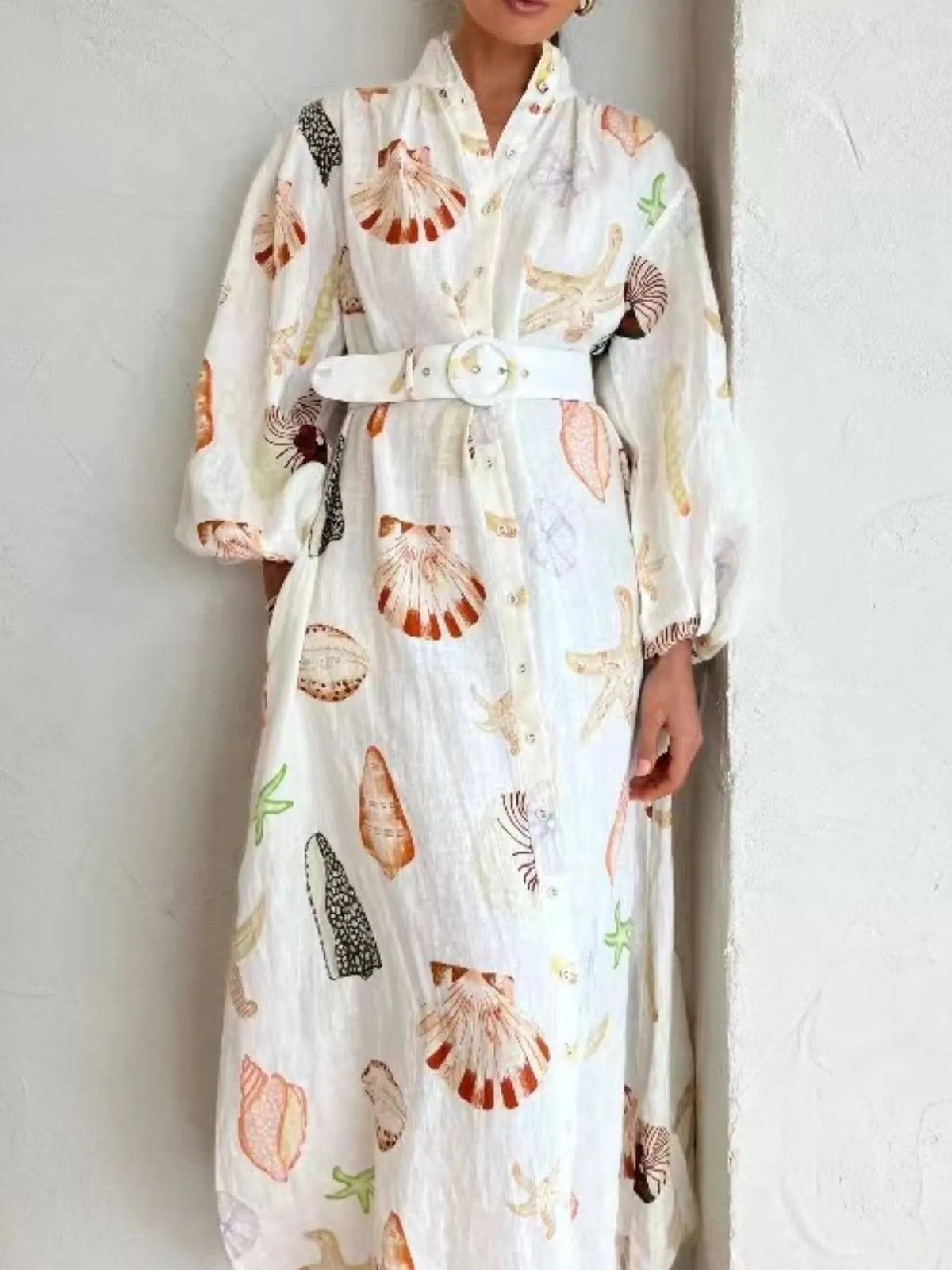beige printed balloon sleeve maxi shirt dress back view