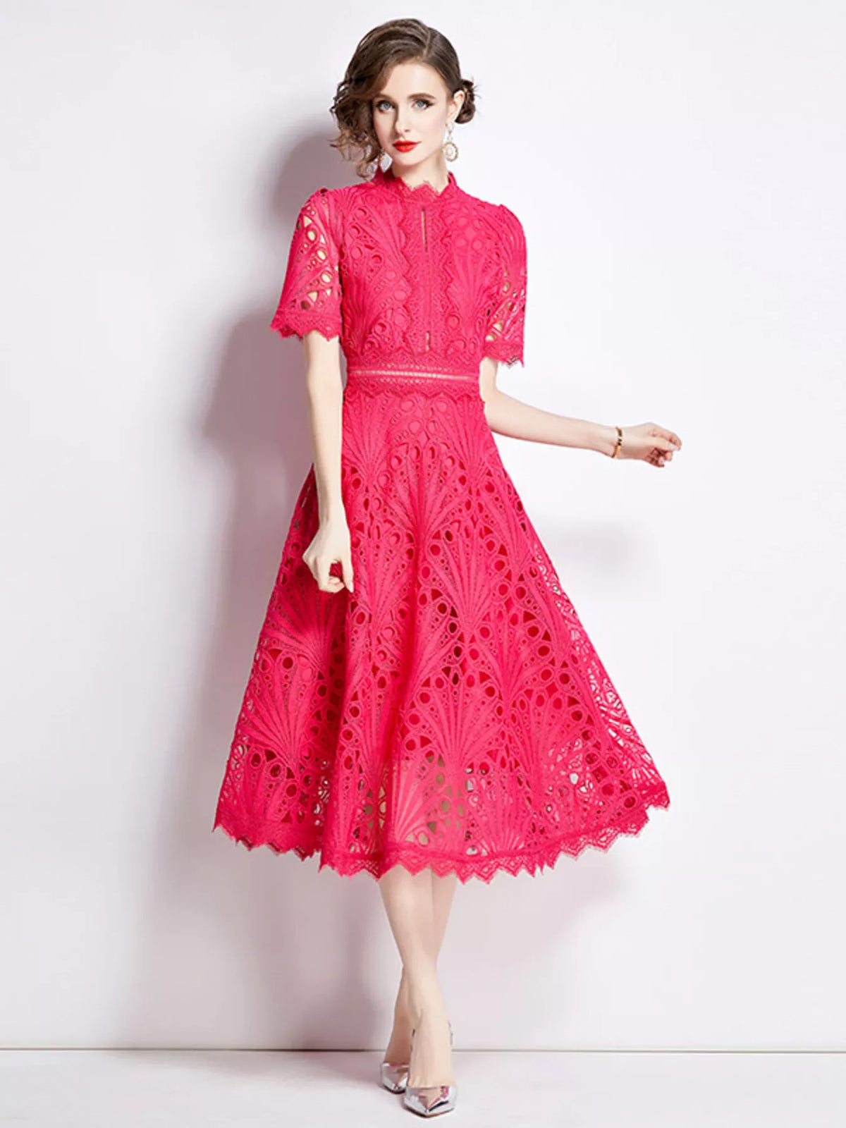 Lace short sleeve midi dress styled for special occasion