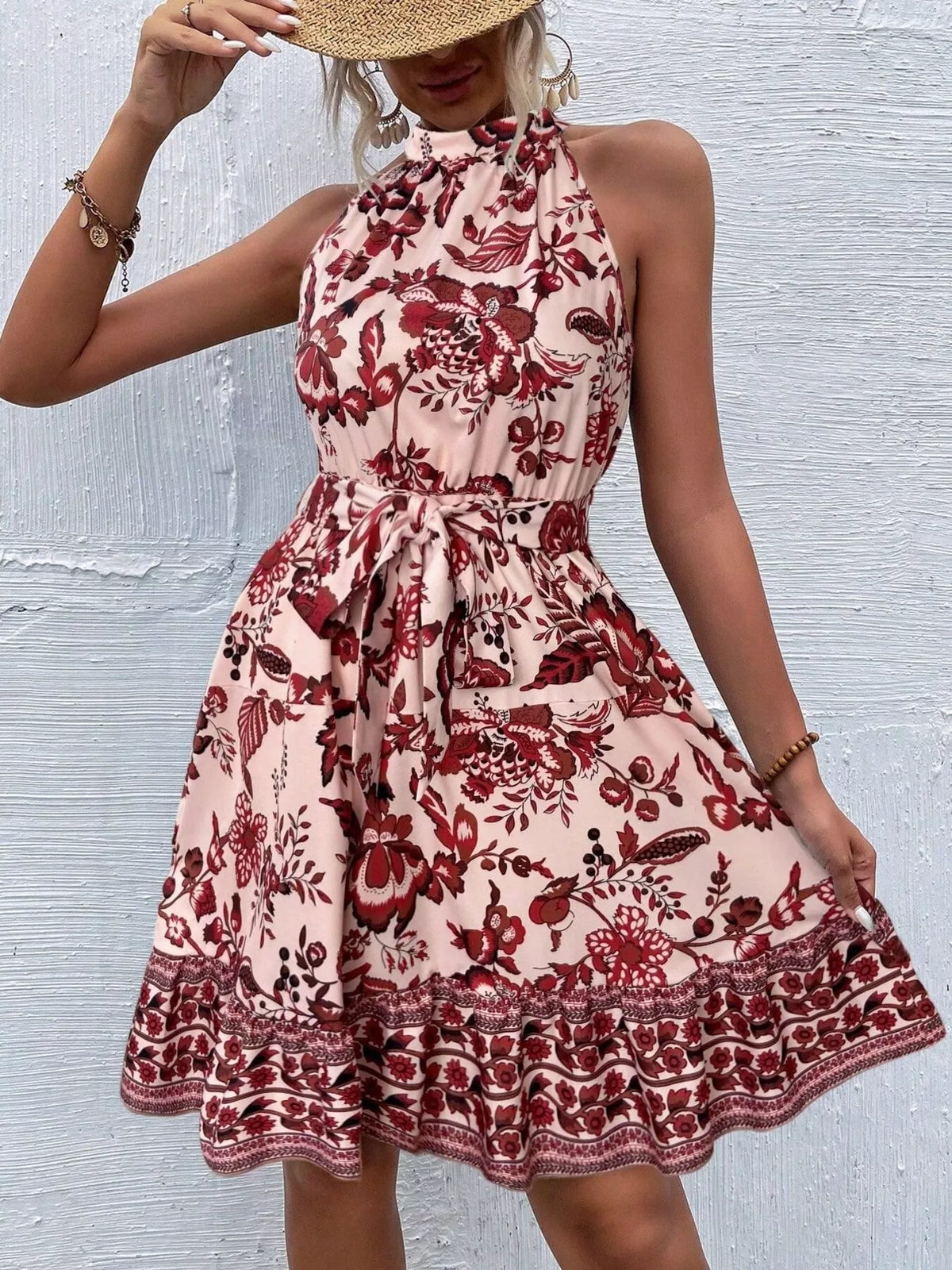 Printed sleeveless tie waist midi dress fabric detail view