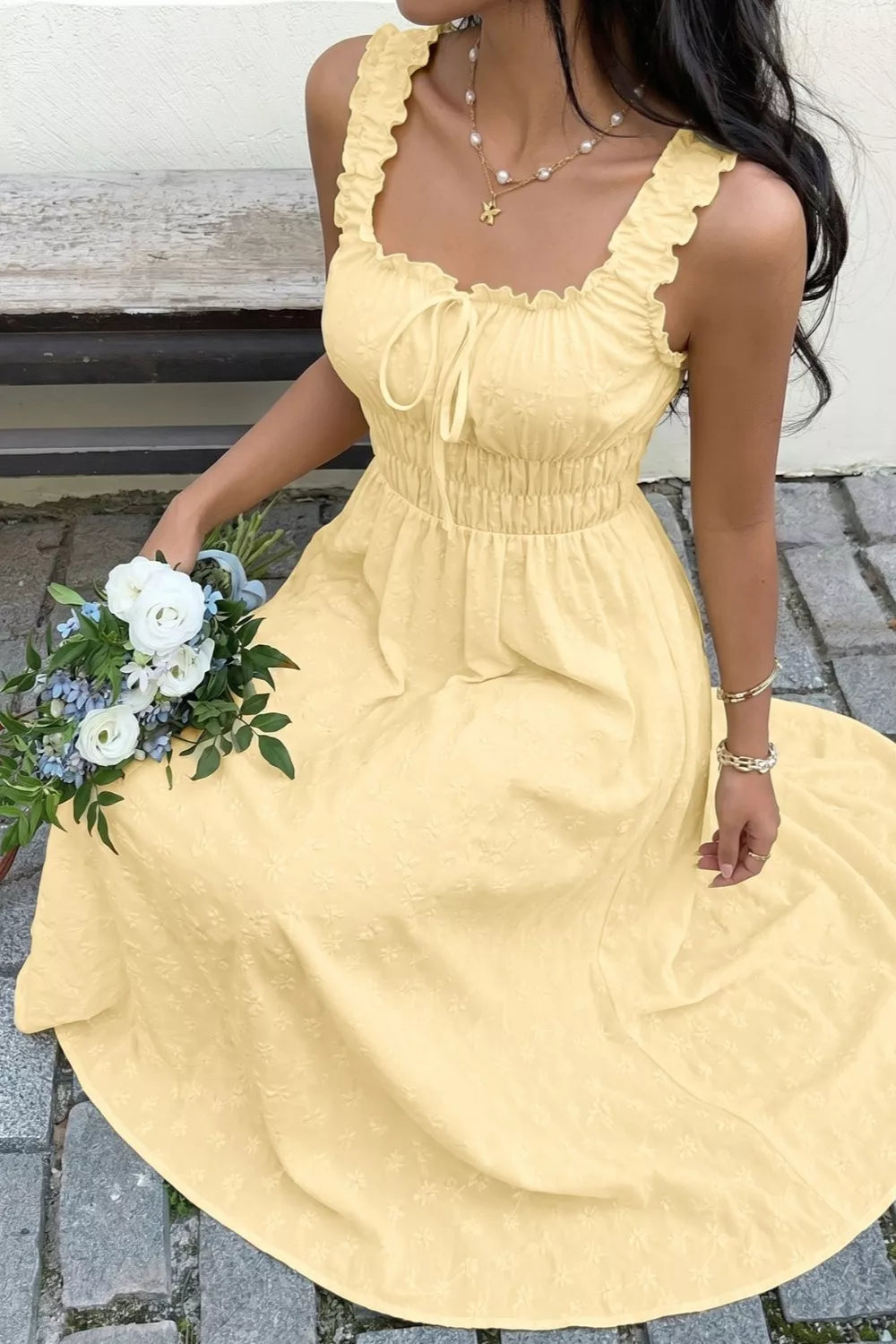 Pastel yellow square neck sleeveless maxi dress close up view