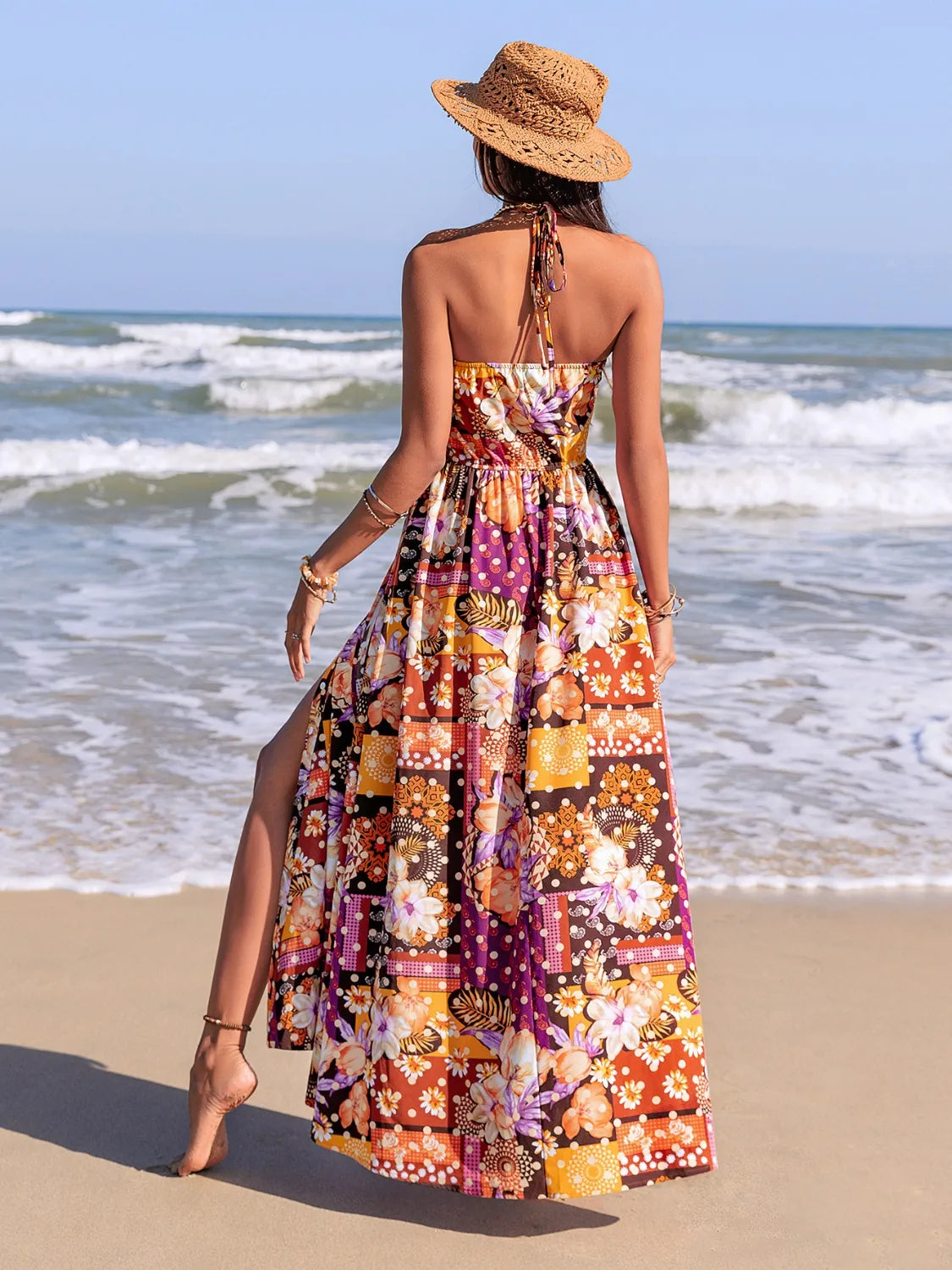 Styled view of printed halter neck cami dress