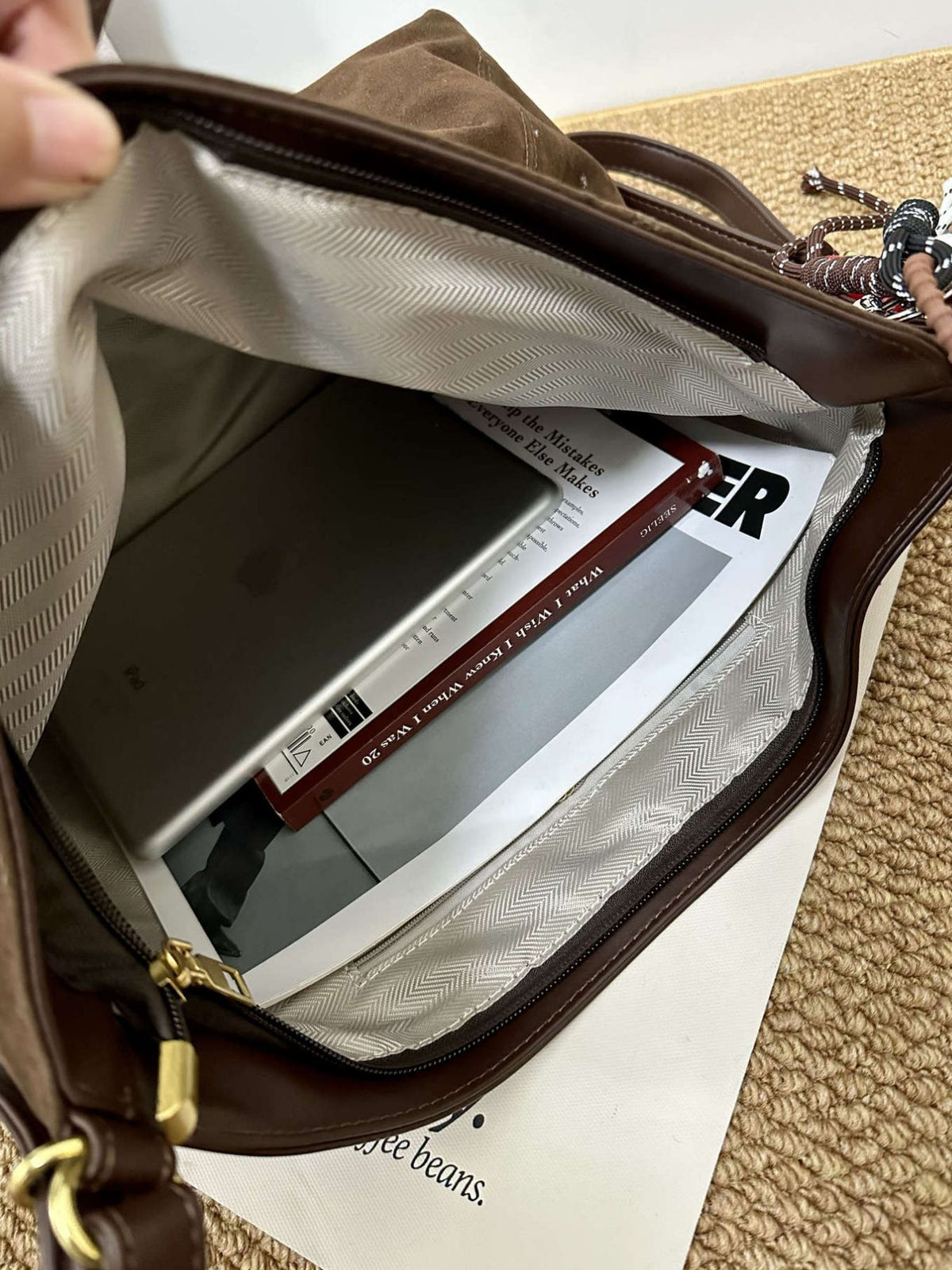 Interior view of brown nylon shoulder bag