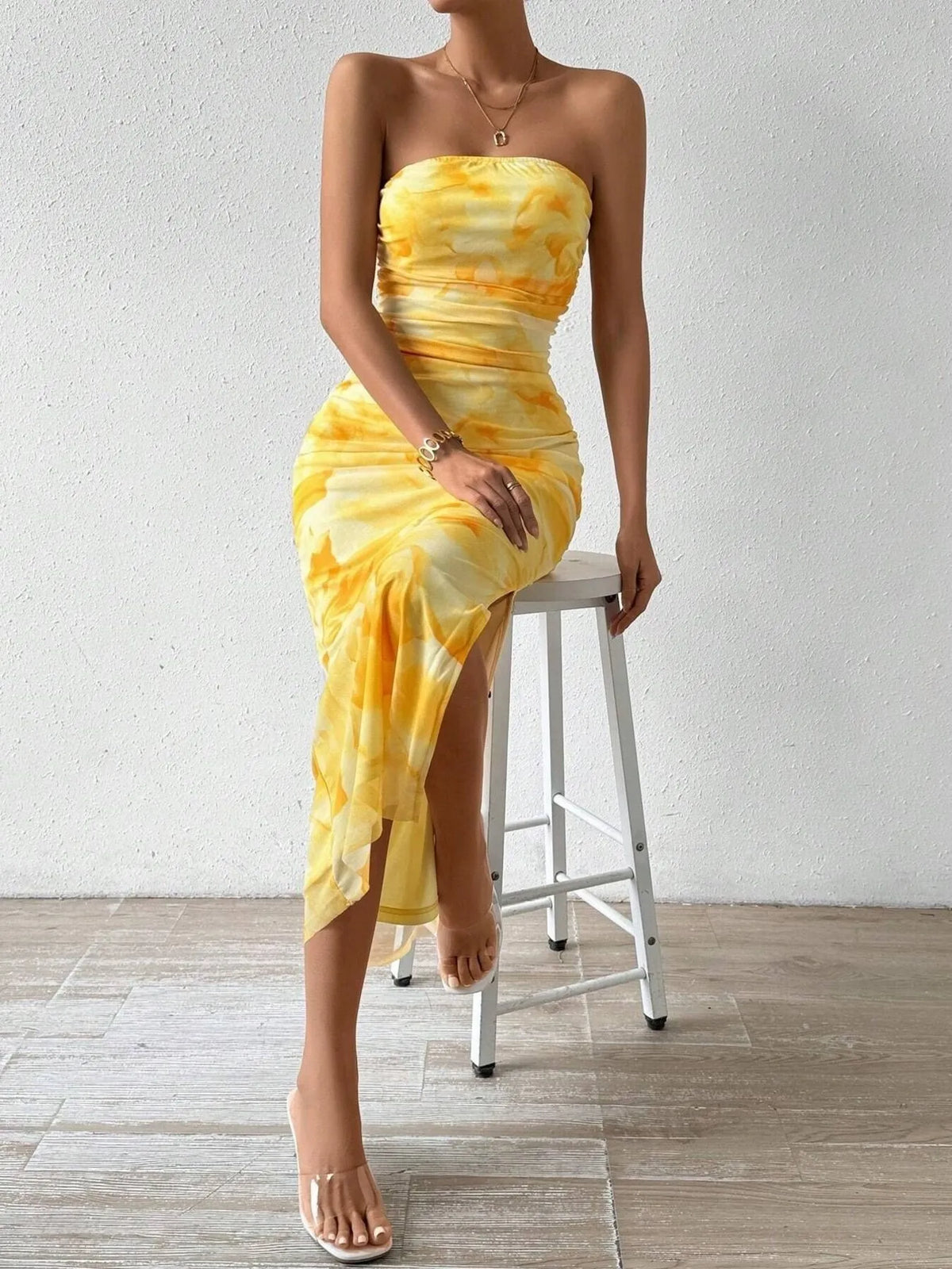 Printed side slit tube maxi dress side view