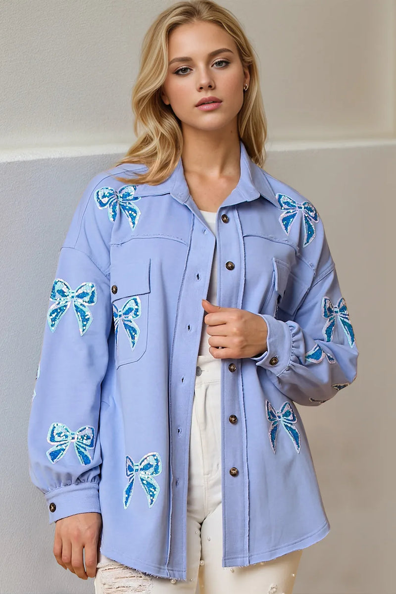 Sequin bow button up shacket front view