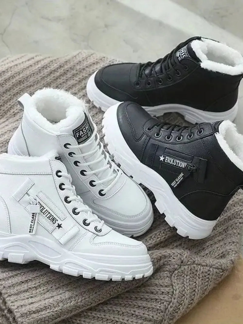 Decorative zipper round toe platform boots front view