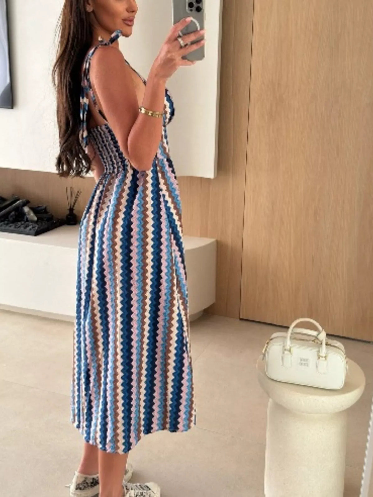 Printed tie strap midi dress flat lay view