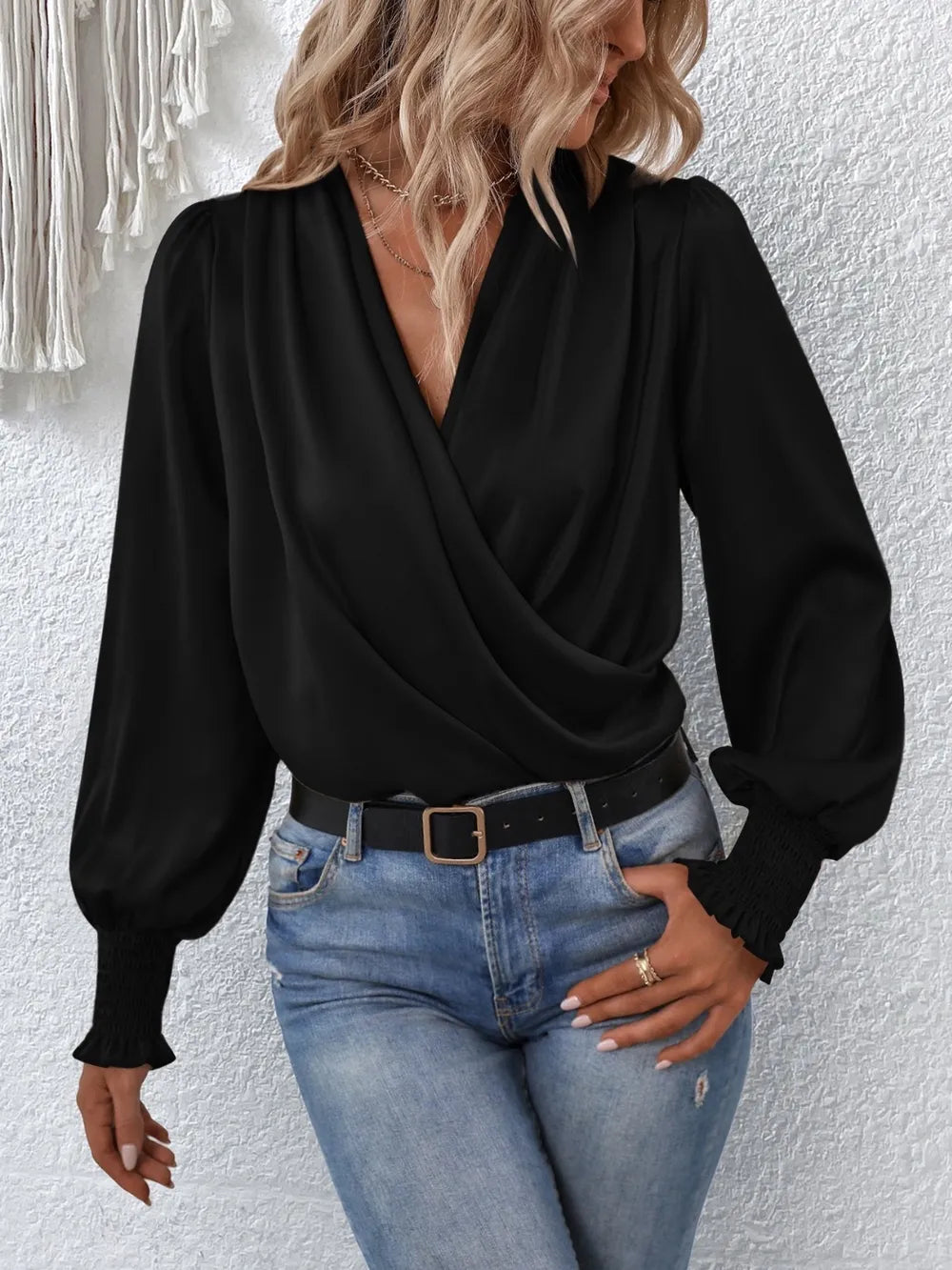 Surplice Smocked Lantern Sleeve Blouse - Fashorio