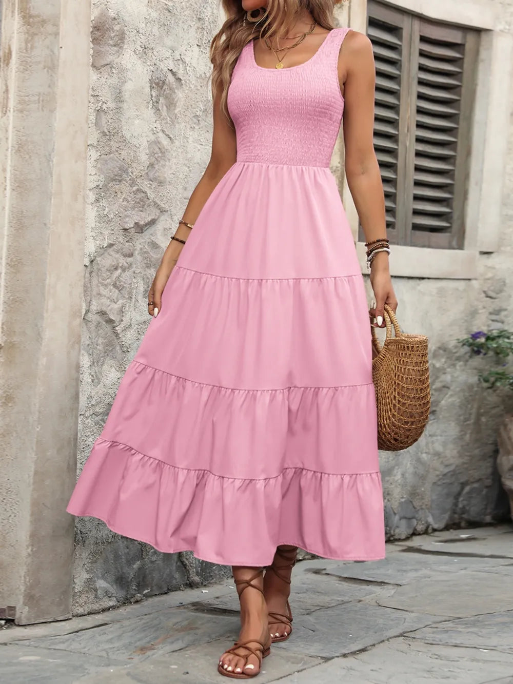 Smocked Scoop Neck Tank Maxi Dress, front view