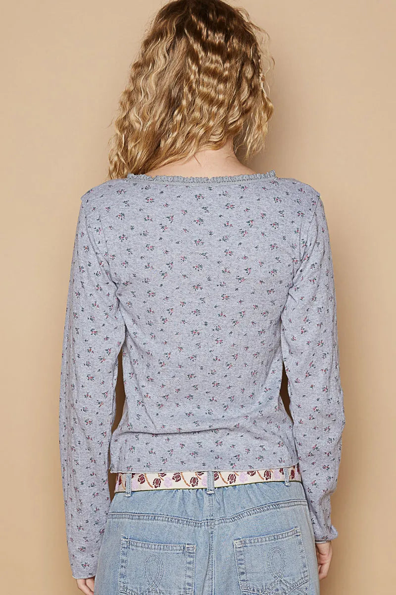 POL Floral V-Neck Long Sleeve T-Shirt - Fashorio