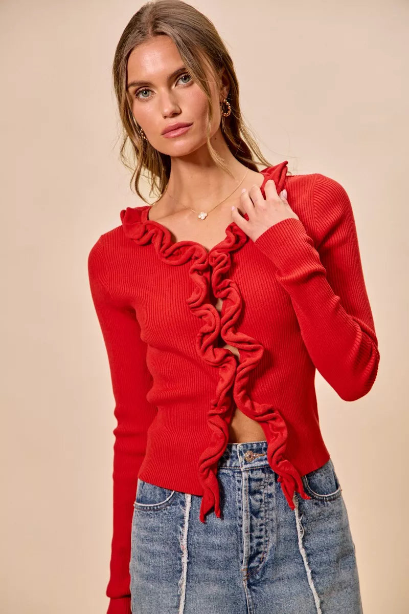 Cascade Ruffle Ribbed Knit Sweater Cardigan, view 5