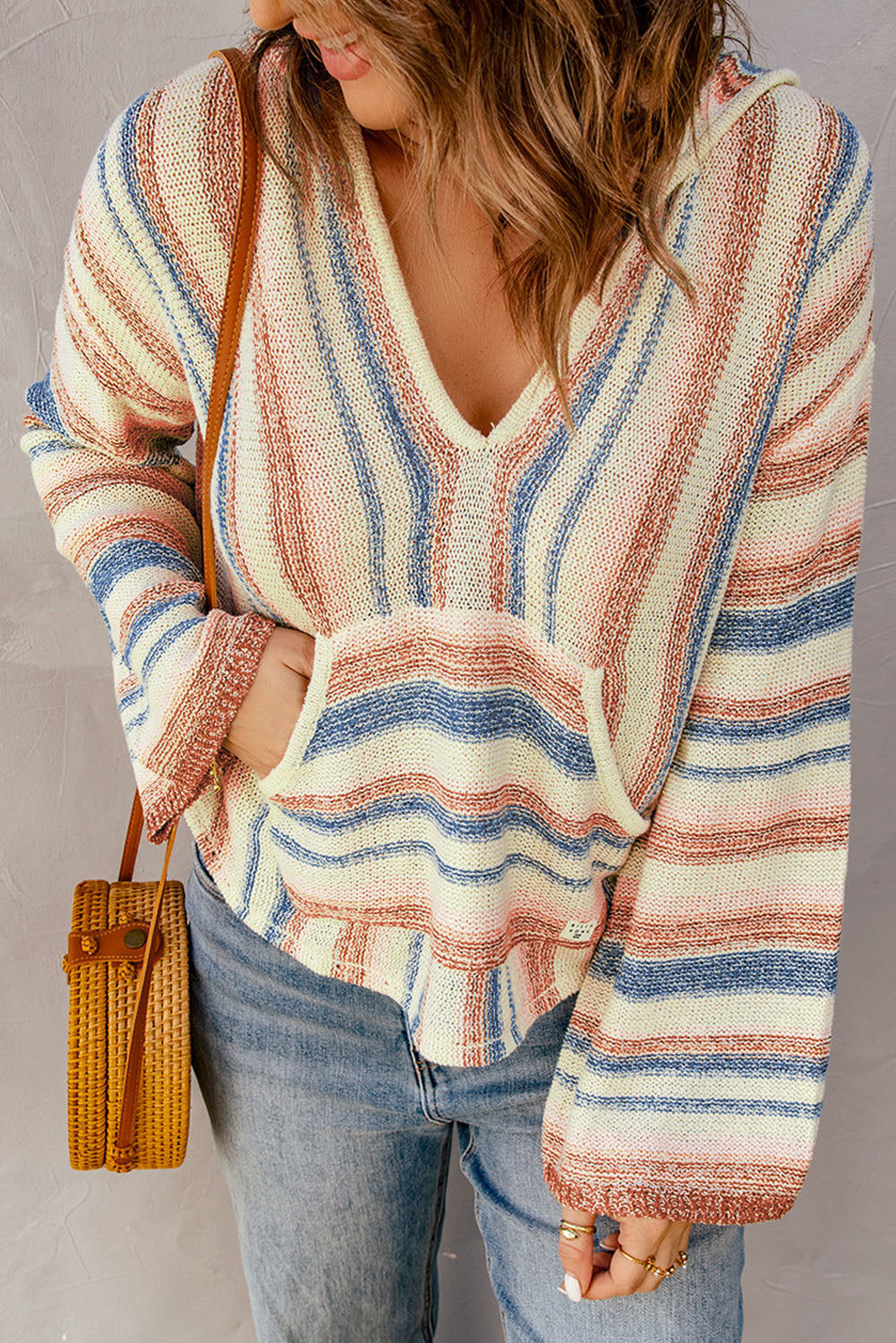 Striped Hooded Sweater with Kangaroo Pocket - Fashorio