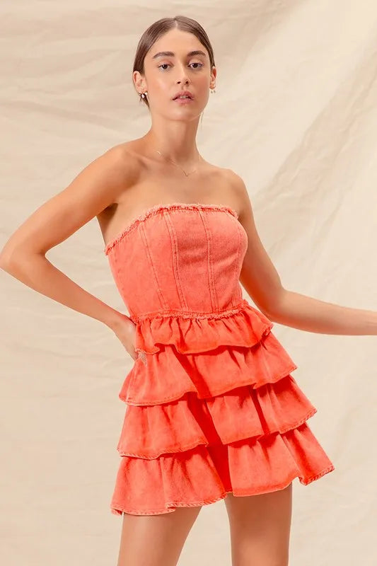 Strapless Ruffle Layered Dress in Orange view 9