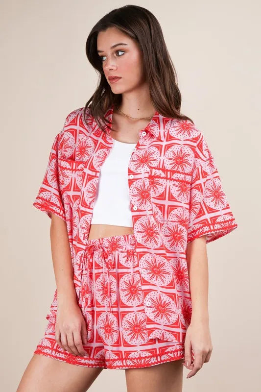 VERY J Full Size Tropical Printed Shirt Top and Shorts Set Plus Size - Fashorio