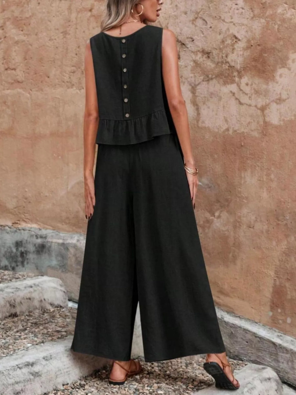 Sleeveless Ruffle Hem Top and Wide Leg Pants Set, view 14