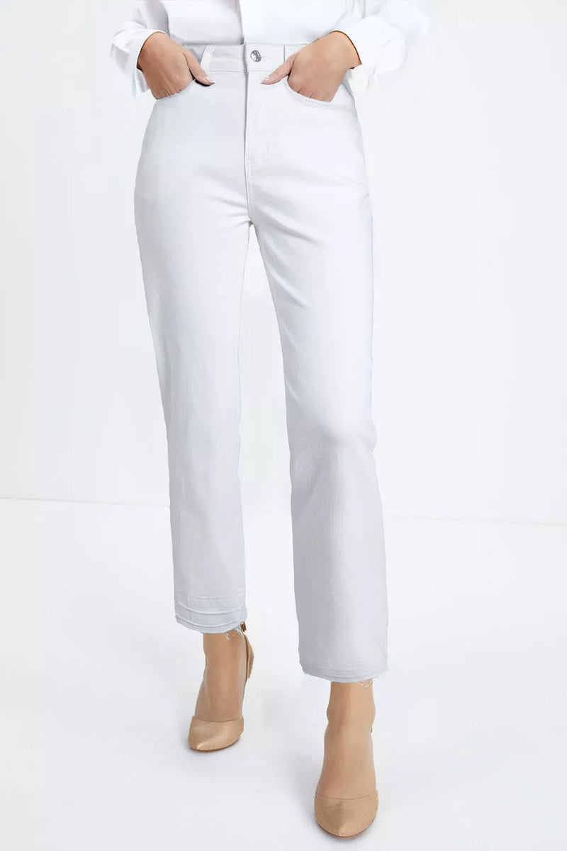 High waist straight leg white denim jeans front view