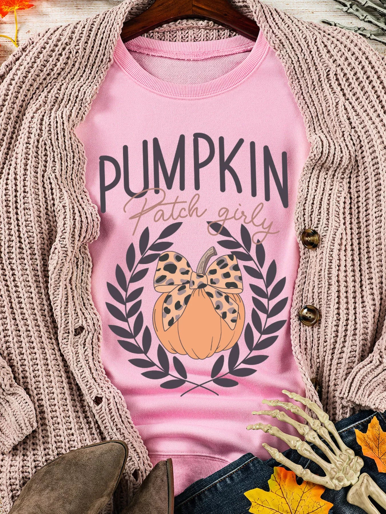 Halloween Leopard Bowknot Pumpkin Graphic Sweatshirt - Fashorio
