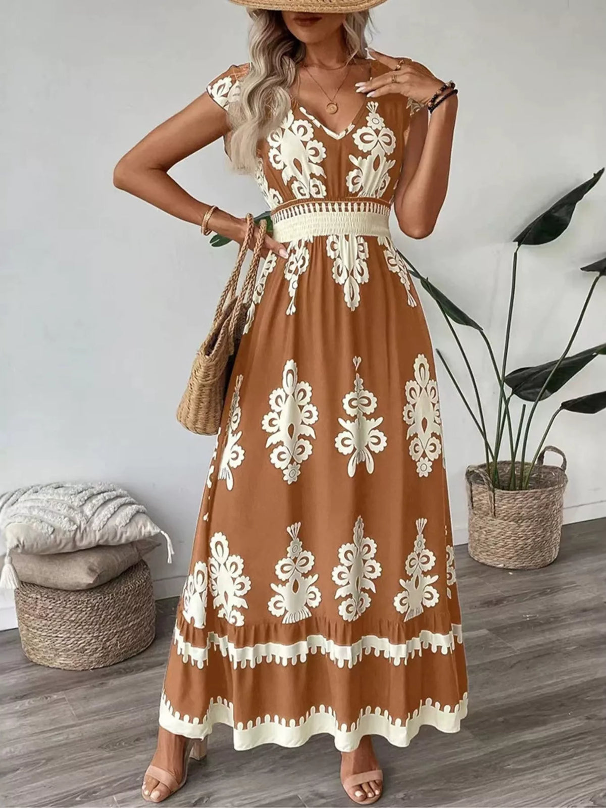 ruffle print v neck maxi dress neckline detail