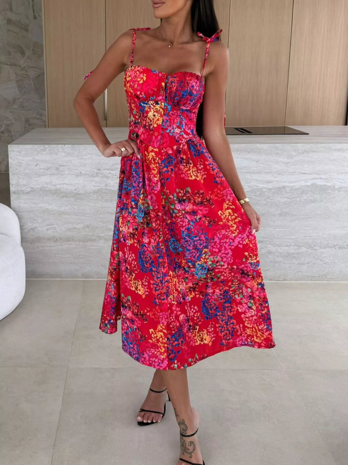 Printed tie strap midi dress detail view
