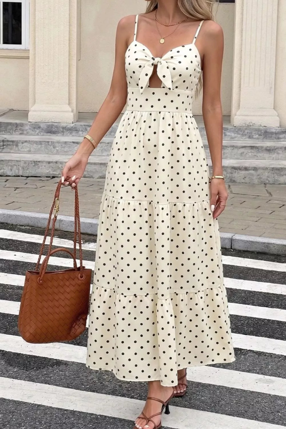 Cream polka dot tie front maxi dress side view