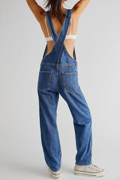 Wide Strap Square Neck Denim Overalls - Fashorio