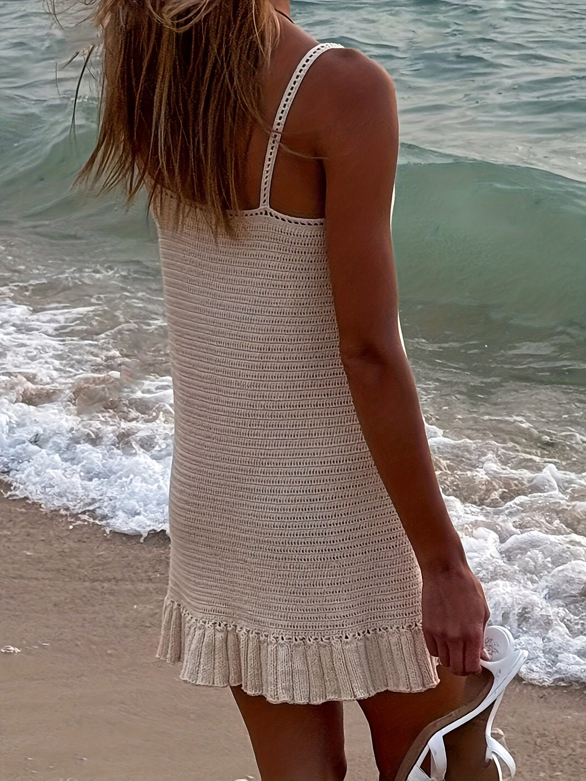 Cozy cream crochet knit dress full look