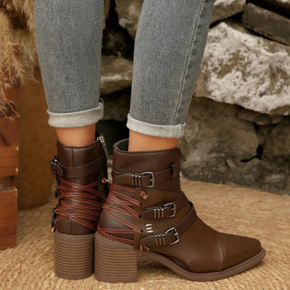Point Toe Buckle Strap Ankle Boots with Block Heel toe close up