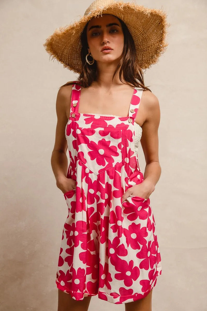 BiBi Floral Prints Tuck Detail Short Overall With Pockets - Fashorio