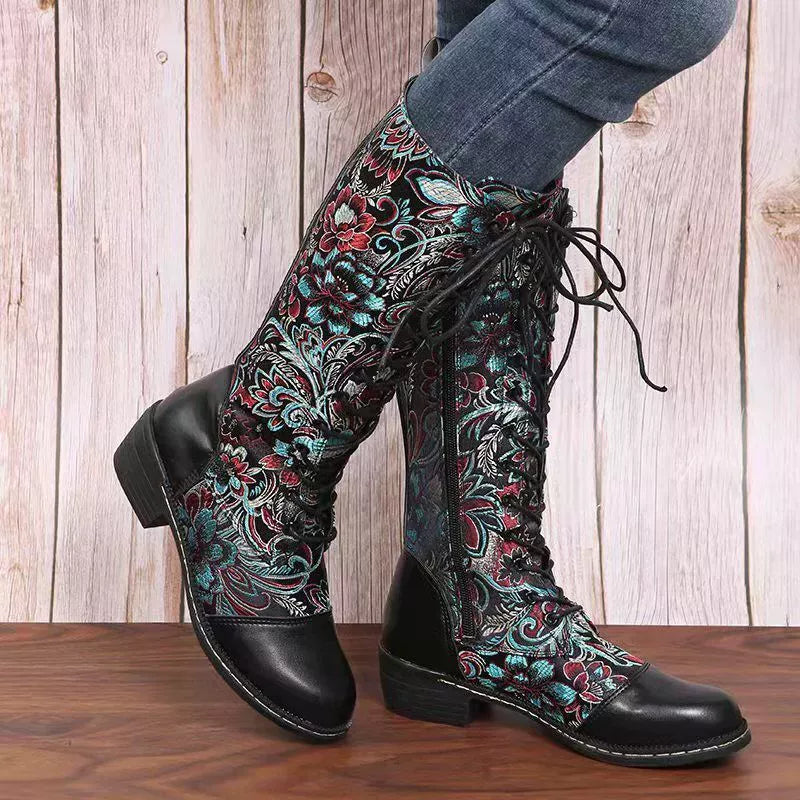 Embroidered Lace Up Block Heel Boots pair on a plain backdrop