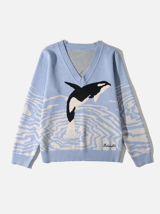 Printed V-Neck Long Sleeve Sweater Misty Blue - Fashorio