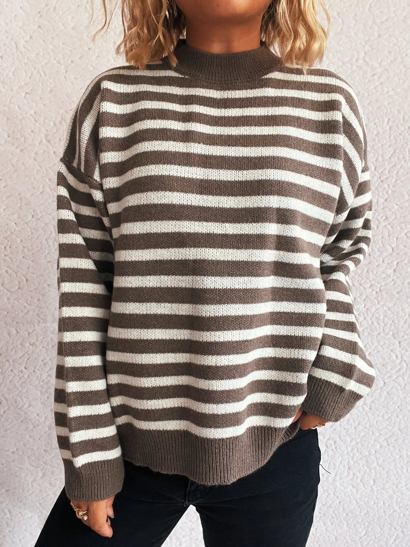 Striped Mock Neck Long Sleeve Sweater - Fashorio