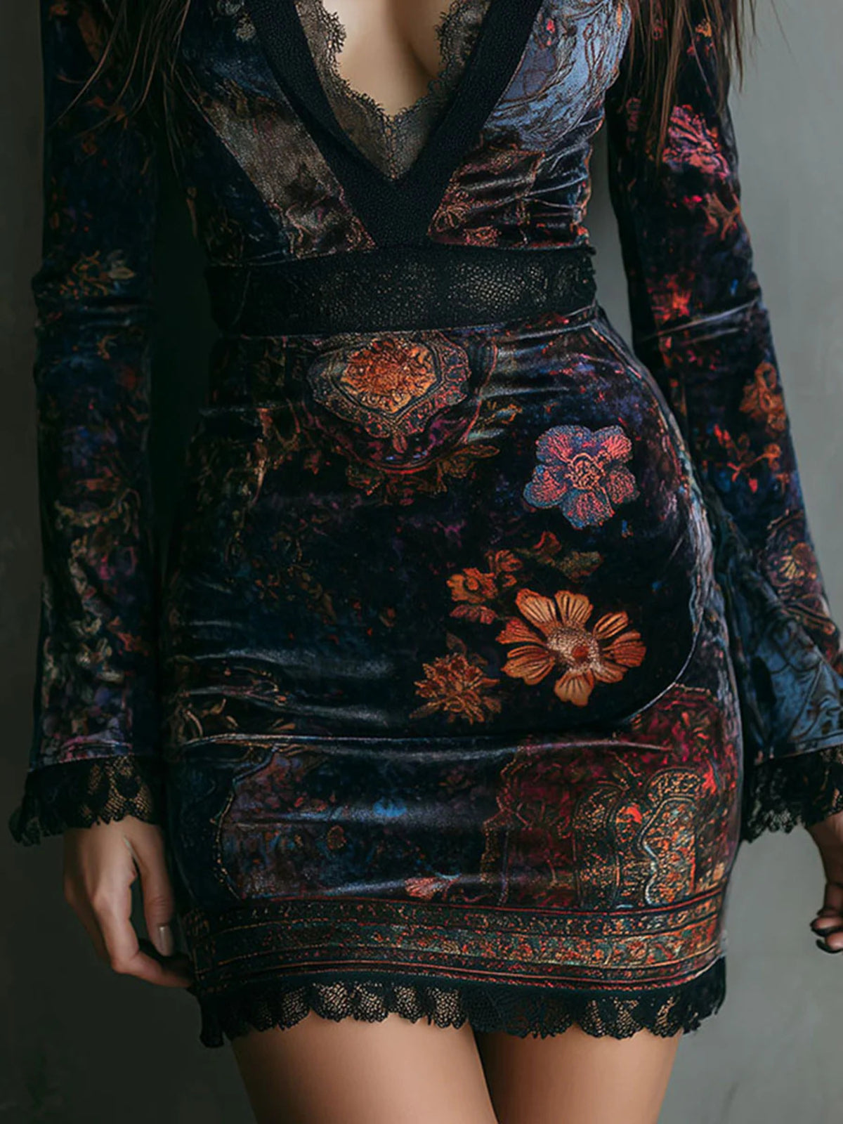 Floral velvet mini dress with lace detail, detail of the fabric