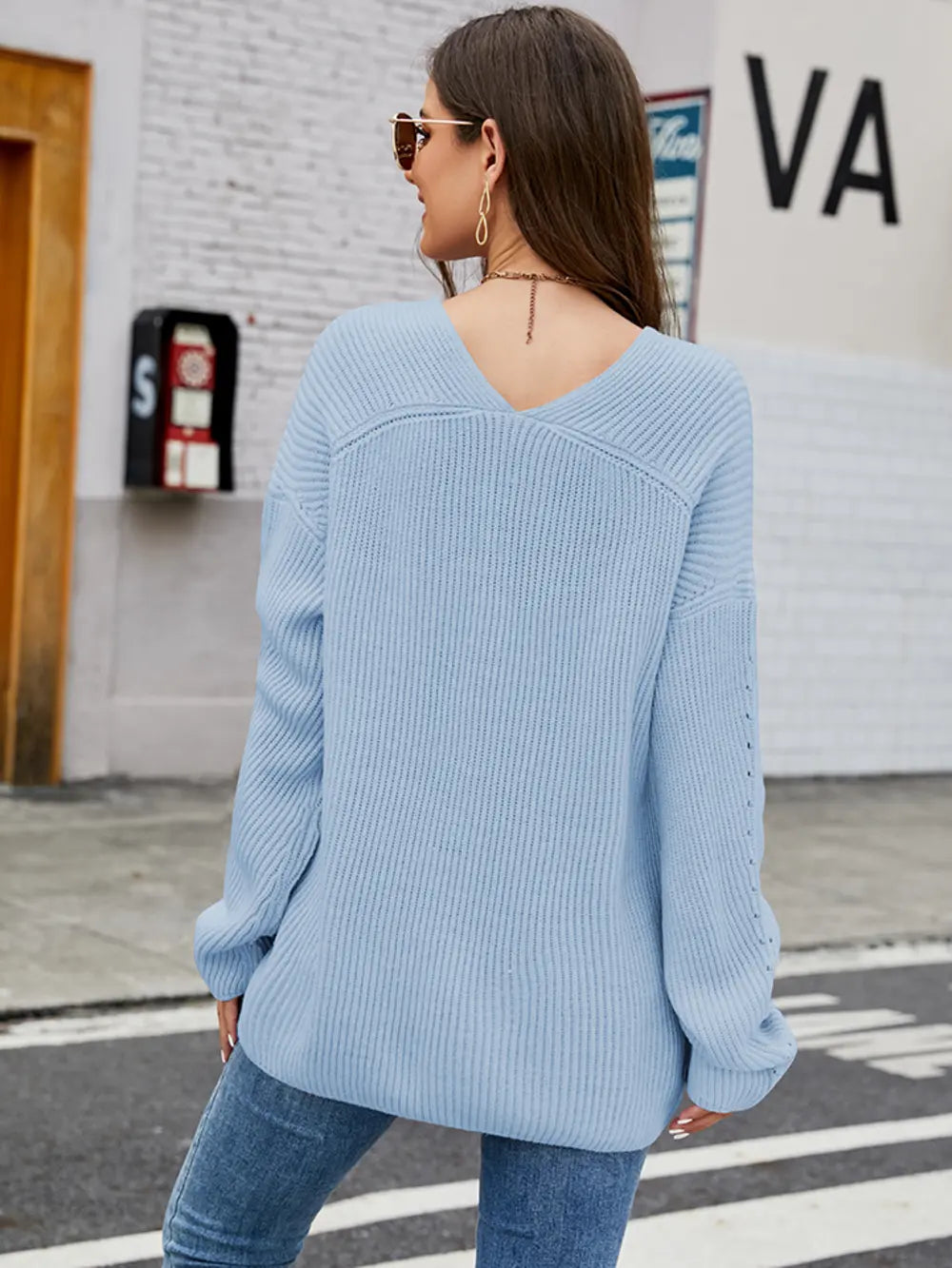 Openwork Dropped Shoulder Long Sleeve Sweater - Fashorio