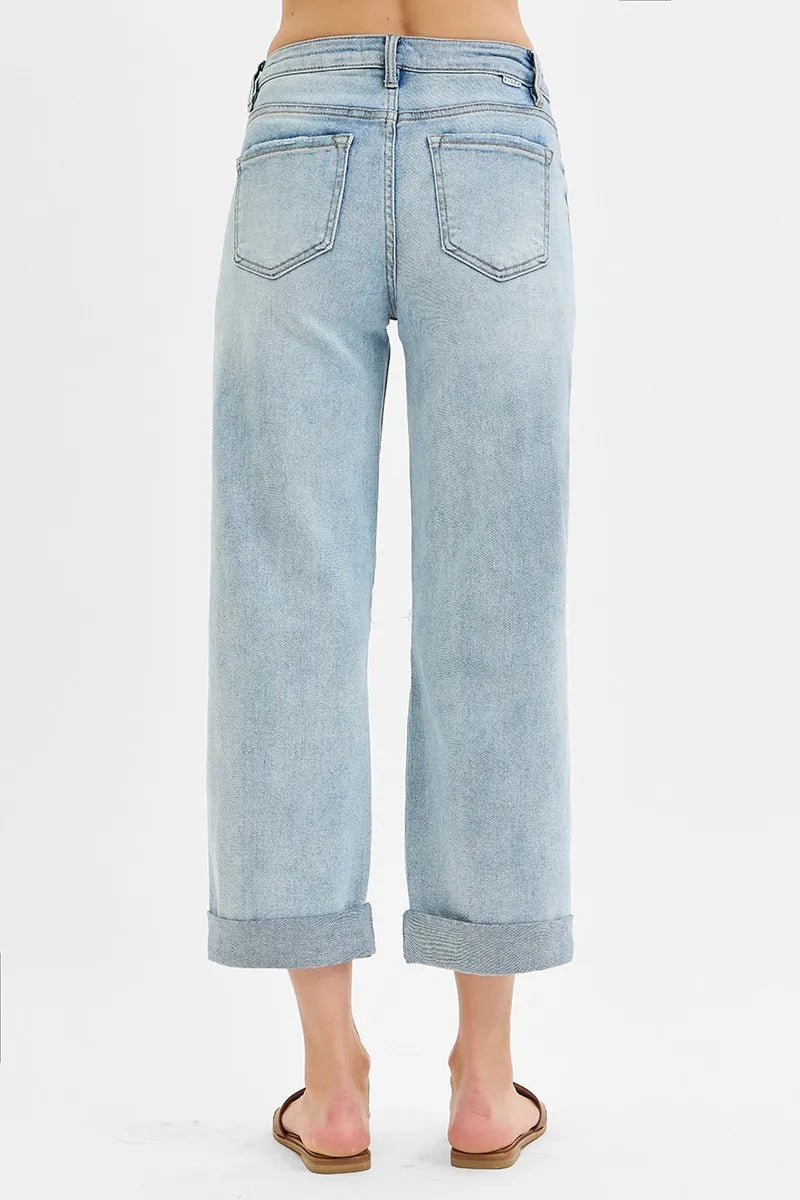 RISEN Full Size Mid Rise Fit Boyfriend Jeans with Cuff Plus Size - Fashorio