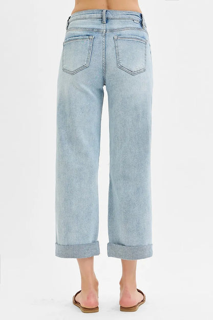 RISEN Full Size Mid Rise Fit Boyfriend Jeans with Cuff Plus Size - Fashorio