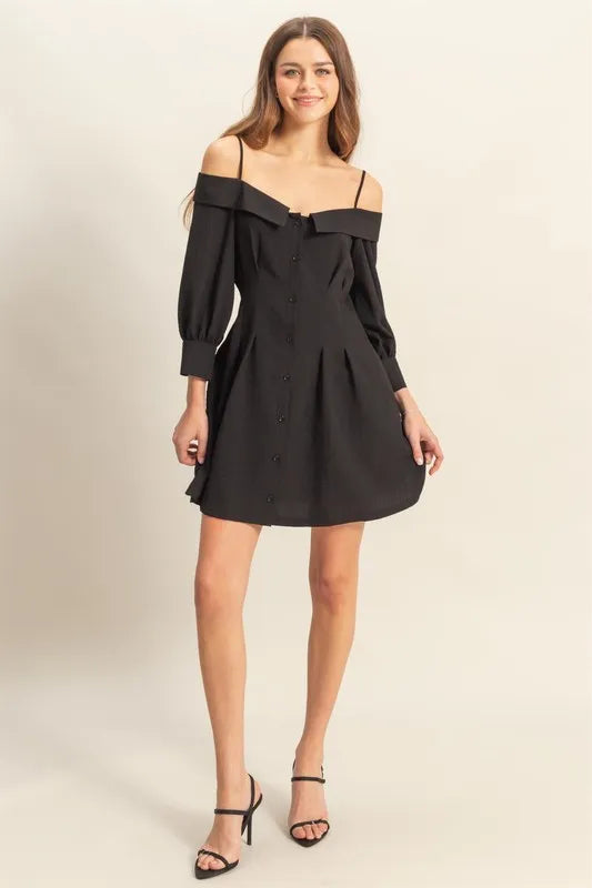 Button Down Spaghetti Strap Mini Dress in Black detail