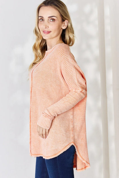 Zenana Oversized Washed Waffle Long Sleeve Top - Fashorio