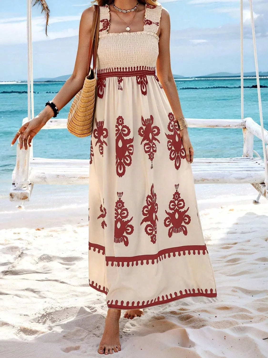 Smocked Printed Wide Strap Maxi Dress, view 29