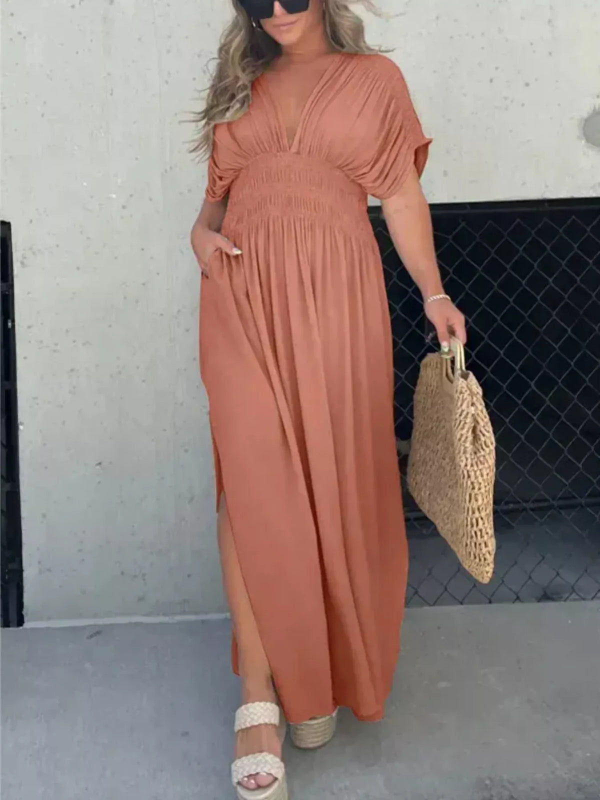 Slit V neck smocked waist maxi dress full length view